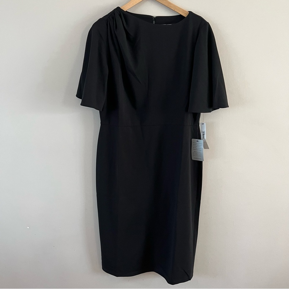 Maggy London ruched shoulder short sleeve sheath dress ladies size 14 black